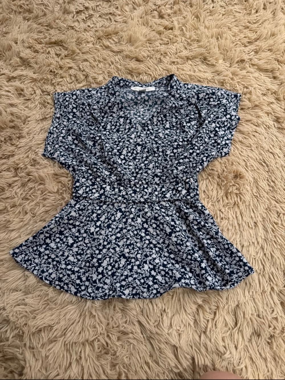 Monteau Navy and White Floral Peplum Blouse